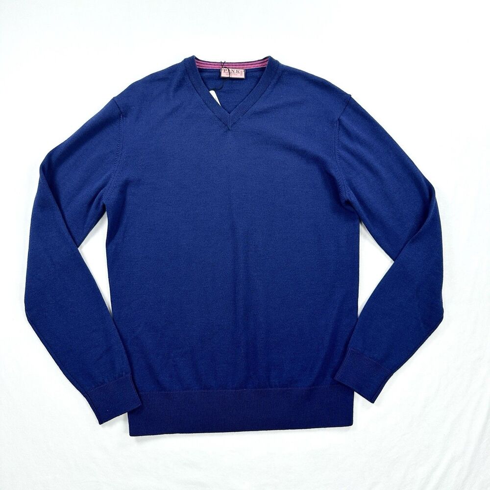 Thomas Pink Merino Wool Sweater Mens Small Navy Blue V-Neck Minimalist Preppy
